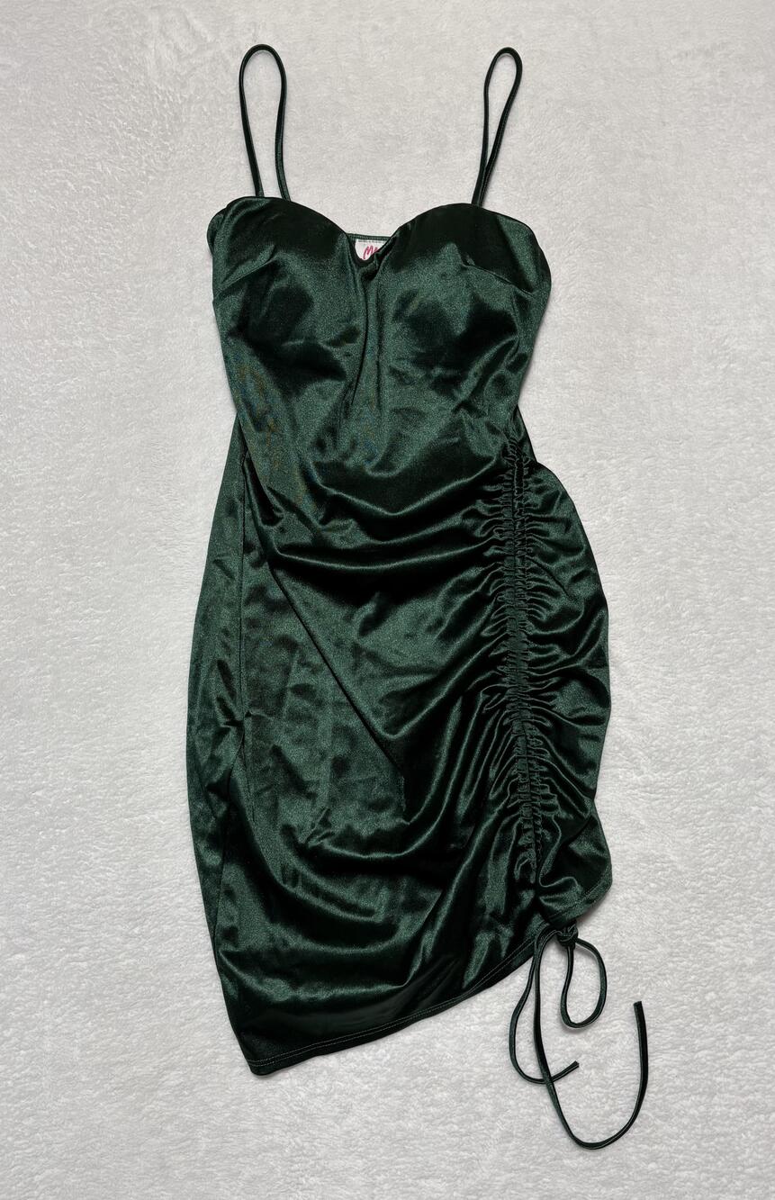 Madrag Dress Womens Small Green Satin Ruched Drawstring Side Bodycon Mini Party
